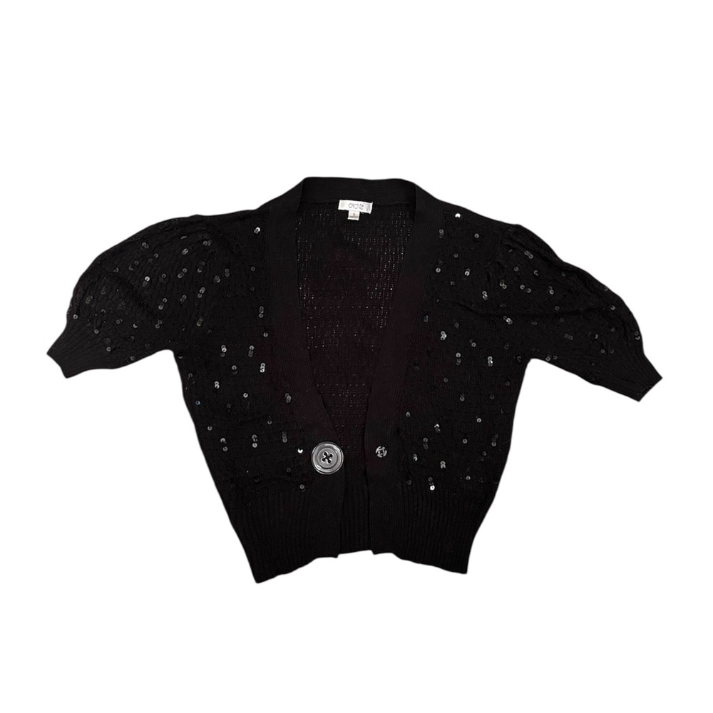 Cache Black Sequin Shrug / Cropped Cardigan with Large Button Detail Sz S